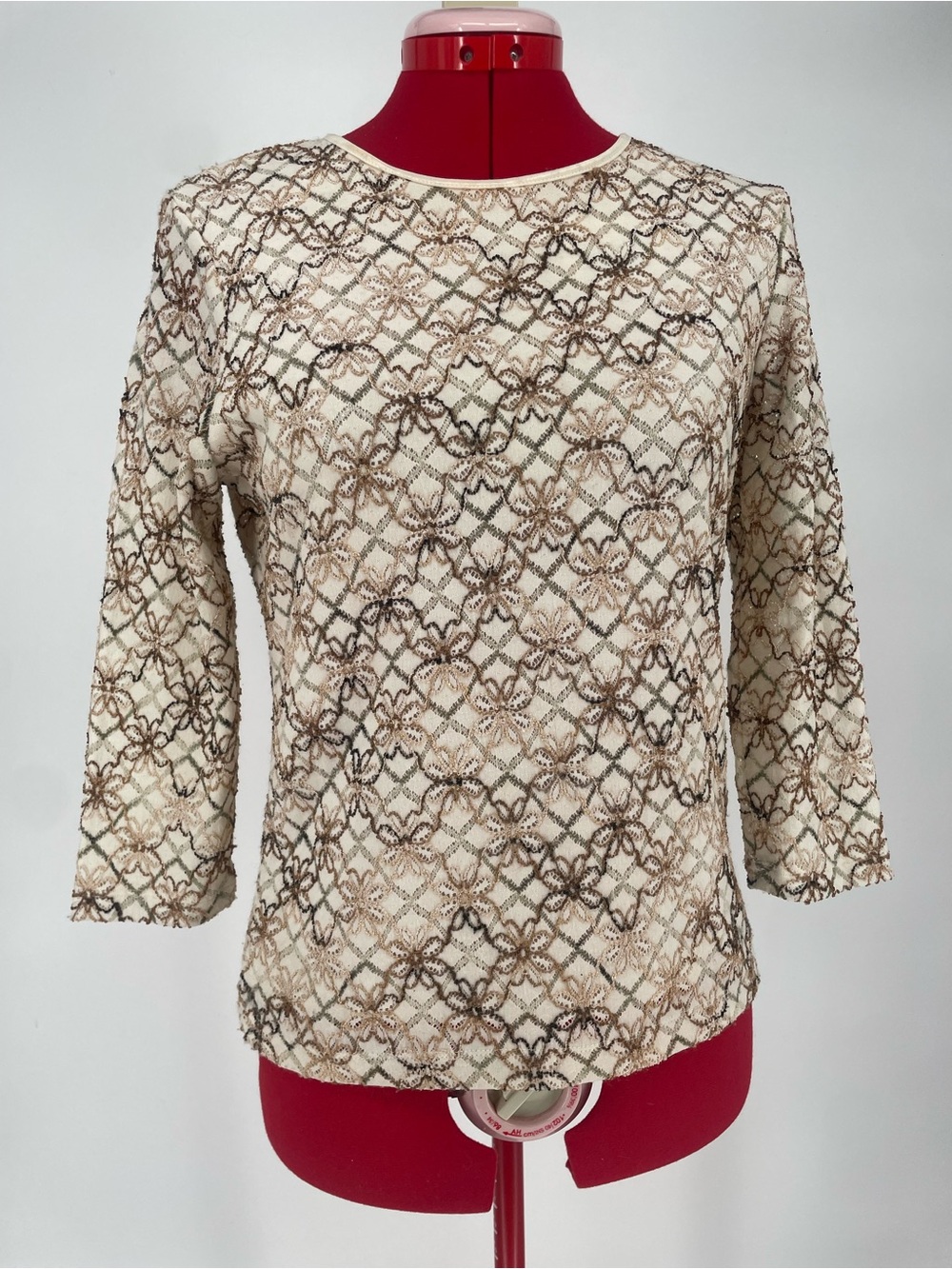 JM Petite Bohemian Embroidered Squiggly Floral Scoop Neck Neutral Stretch Top